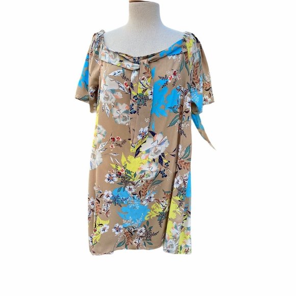 Nicole Miller Studio Floral Shift Dress Sz 12 Taupe Multi Off Shoulder Ties NWT - Picture 1 of 12